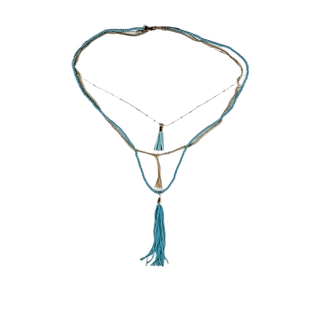 Gold and Teal Long Layered Beaded Tassle Necklace